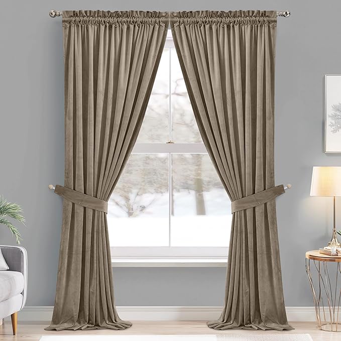 StangH Camel Beige Curtains 105 inches Stylish Thermal Insulated Window Drapes for Office, Soft Velvet Light Blocking Curtains, Neutral Beige Home Decor, W52 x L105, 2 Panels