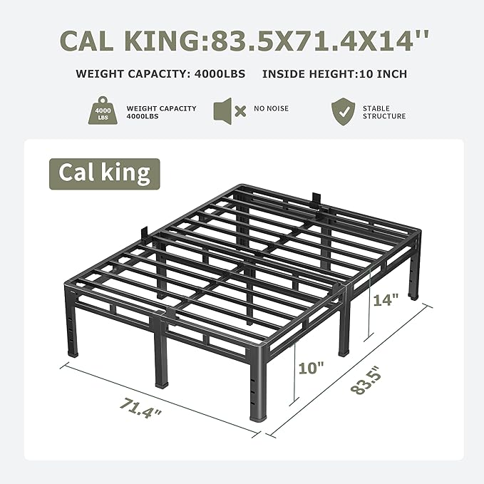 NKZ California King Bed Frame 14 Inch, Metal Bed Frame & Box Spring 2 in 1 Platform with Round Corner Legs, 4000lbs Weight Capacity Reinforced Metal Frame, Headboard Hole, Noise-Free, Easy Assembly