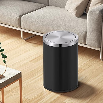 Mbillion Small Trash Can with Swing Lid 2.4 Gallons/9 Liter, Mini Trash Can with lid, Stainless Steel Cylindrical Garbage Can for Home and Office Bathroom Bedroom, for Ground and Desktop(Black)