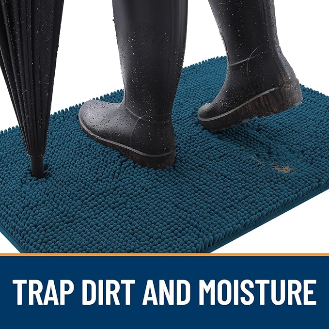 OLANLY Dog Door Mat for Muddy Paws 32x20, Absorbs Moisture and Dirt, Absorbent Non-Slip Washable Doormat, Quick Dry Chenille Mud Mat, Entry Indoor Entryway Carpet for Inside Floor, Atlantic Blue