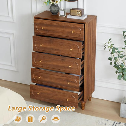 5 Drawer Fluted Dresser for Bedroom, Mid Century Modern Chest of Drawers, Wood Storage Large Dresser Organizer for Bedroom Living Room Hallway Closet, Walnut