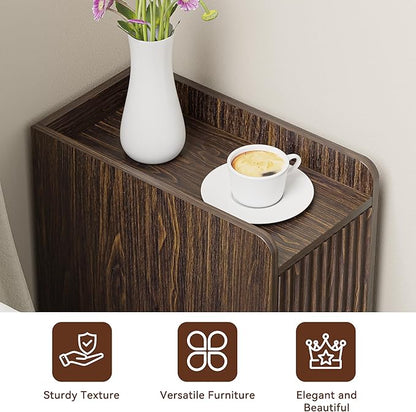Narrow Nightstand Set of 2, Wood 2 Drawer Narrow Nightstand, Skinny Night Stand with Open Storage, Mid Century Modern Slim Bedside Table for Bedroom, Walnut
