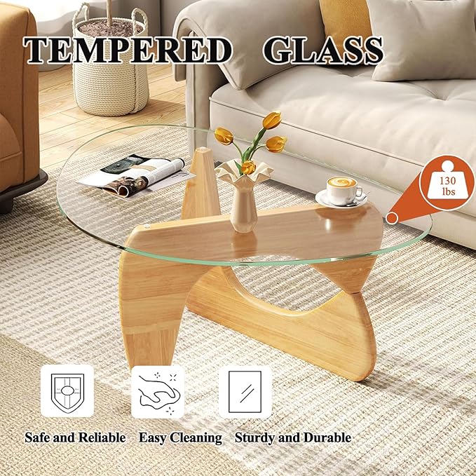 Glass Coffee Table, Mid Century Modern Coffee Table, Coffee Table for Living Room Center Table Suitable for Bedroom Living Room Reception Office Tables (Wood/Transparent, Large)