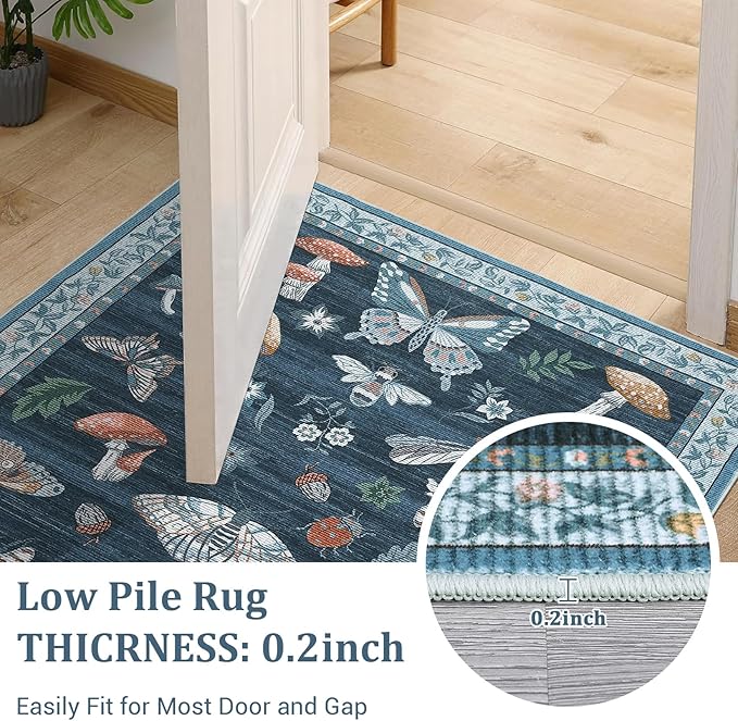 Mushroom Washable Area Rug 6x9 Rugs for Living Room Soft Low-Pile Stain Resistant Thin Carpet for Bedroom Dining Nursery Non Slip Mat with Rubber Blue