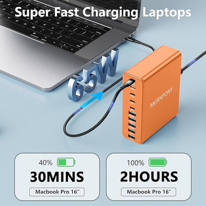 320W USB C Charger Block, 10-Port USB C Charging Station GaN III PD 65W Laptop Fast Charger Adapter for MacBook Pro/Air, DELL, iPad, iPhone, Samsung Galaxy (Orange)