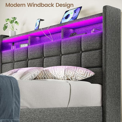 Lift Up Full Size Bed Frame with Storage, Upholstered Full Bed Frame with LED Lights Headboard and Charging Station, No Box Spring Needed, Easy Assembly - Dark Grey