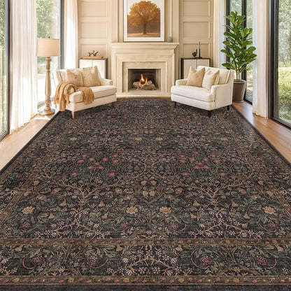 Washable Area Rugs 9x12 Living Room - Dark Brown Large Rug for Dining Room Under Table, Bedroom, Soft Low Pile Non-Slip Stain Resistant Carpet - Vintage Floral Plant Design
