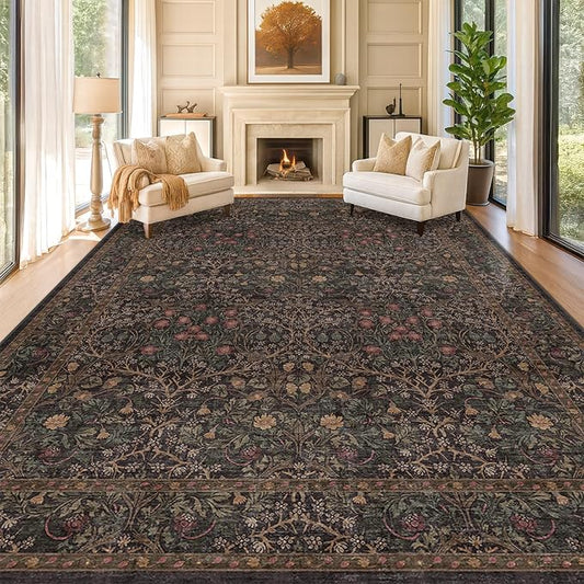Washable Area Rugs 9x12 Living Room - Dark Brown Large Rug for Dining Room Under Table, Bedroom, Soft Low Pile Non-Slip Stain Resistant Carpet - Vintage Floral Plant Design