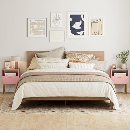 Masupu Nightstand with Charging Station,Mid-Century Modern Bedside Table with Storage Drawer and Open Wood Shelf,Small Gold Frame Side Table for Bedroom,Living Room (Pink)