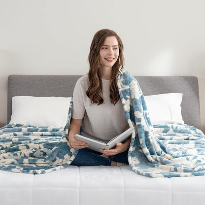 Berkshire Blanket-Classic Heavyweight Warm Soft Printed VelvetLoft® Plush Blanket, King Size Soft Fuzzy Blanket for Couch Sofa Bed, Floral Blue, 90in x 108in