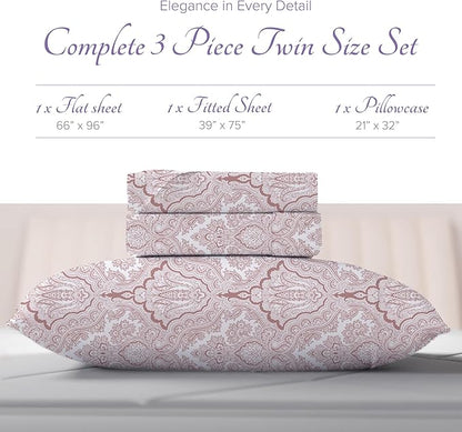 Carressa Linen 100% Egyptian Cotton Printed Bed Sheets - 600 Thread Count 3 PC Twin Sheet Set, Hotel Luxury Sateen Bedsheets, 16" Deep Pocket Soft Cooling Sheets for Twin Size Bed - Paisley
