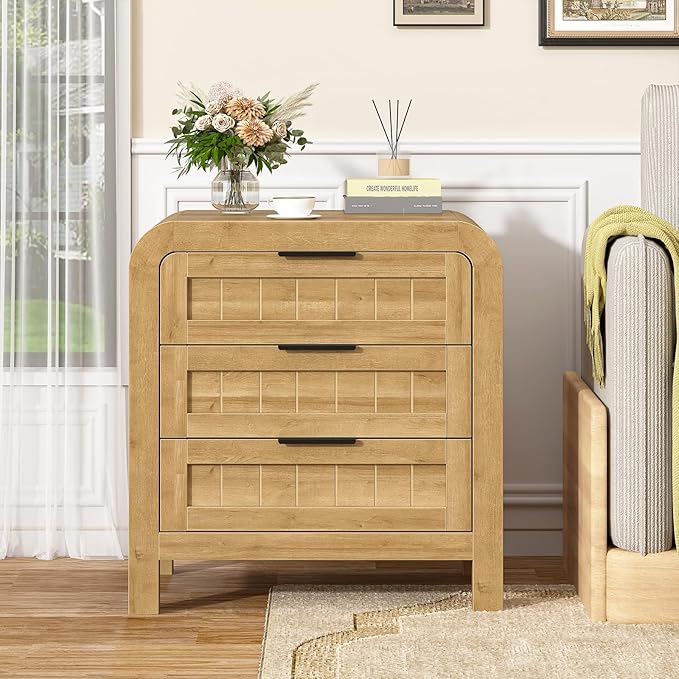 IKENO Wood Nightstand with 3 Storage Drawer, 21" Wide Night Stand with Curved Profile Design, Bedside End Table for Bedroom, Living Room, Closet (1, Natural Oak, 3 Drawer)