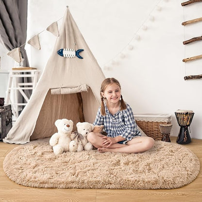 Noahas Fluffy Beige Rugs for Bedroom Living Room,2.6'X5.3' Oval Throw Rug for Kids Room,Shag Hallway Runner Rug,Small Soft Shaggy Bedside Non-Slip Plush Nursery Dorm Carpet Home Decor Aesthetic