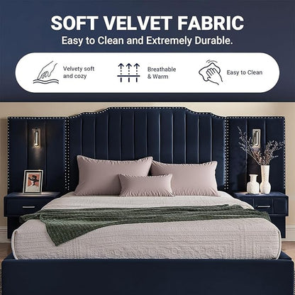 Luxury Queen Bed Frame with Headboard and Storage, Velvet Fabric Upholstered Platform Bed Frame Queen Size with LED Lights, Solid Frame & Bedside Table, No Box Spring Needed, Dark Blue