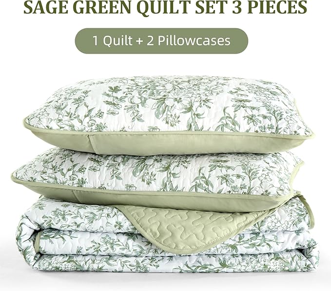 WONGS BEDDING California King Quilt Sets, Sage Green Quilt Bedding Set with 2 Pillowcases, Botanical Quilt for Cal King Bed, Soft Microfiber Lightweight Coverlet Bedspread for All Season (112"×96")