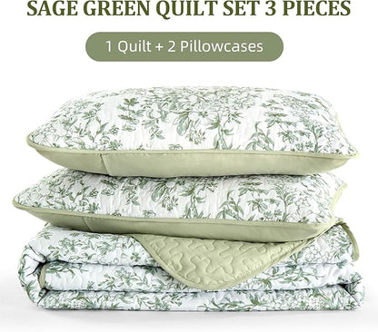 WONGS BEDDING California King Quilt Sets, Sage Green Quilt Bedding Set with 2 Pillowcases, Botanical Quilt for Cal King Bed, Soft Microfiber Lightweight Coverlet Bedspread for All Season (112"×96")