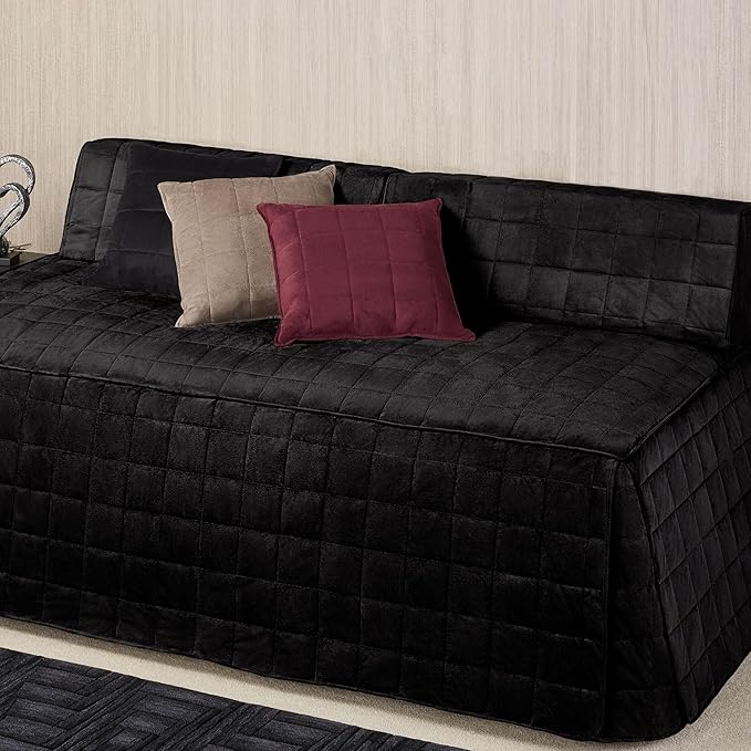 Camden Luxury Bedding | Neutral Onyx Black Color | Fitted Hollywood Daybed Bedding | Faux Suede Box Quilted Design | 5 Piece Set With Extra Long Hollywood Cover, 2 Bolster Shams, and 2 Bolster Pillows