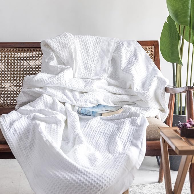 Salt Earth 100% Cotton Throw Blanket, Queen, 90"X92" Waffle Throws for Home, Bedrooms, Outdoor and Office Couch, Modern & Cozy Room Decor Blankets, Lightweight, All Season Western Blanket(White)