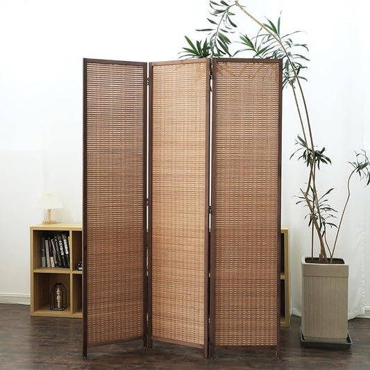 Furnnylane 3 Panel Bamboo Room Divider and Folding Panel Screen,Bamboo Panel Divider for Room Separation,Brown,67" H x 46" W