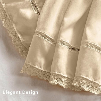 MIYE Wrap Around Ruffled Lace Bed Skirt, Elastic Dust Ruffle with Adjustable Belts, Easy to Put On, Bed Frame Cover, Machine Washable (Floral Lace/Light Beige, King/Queen-15 Drop)