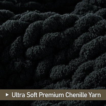 Chunky Knit Throw Blanket 50"X 60", 100% Handmade with Soft Chenille Yarn, 4.4lbs Thick Cable Knitted Blankets, Large Rope Knot Crochet Throws for Couch Sofa Bed Home Decor, Black