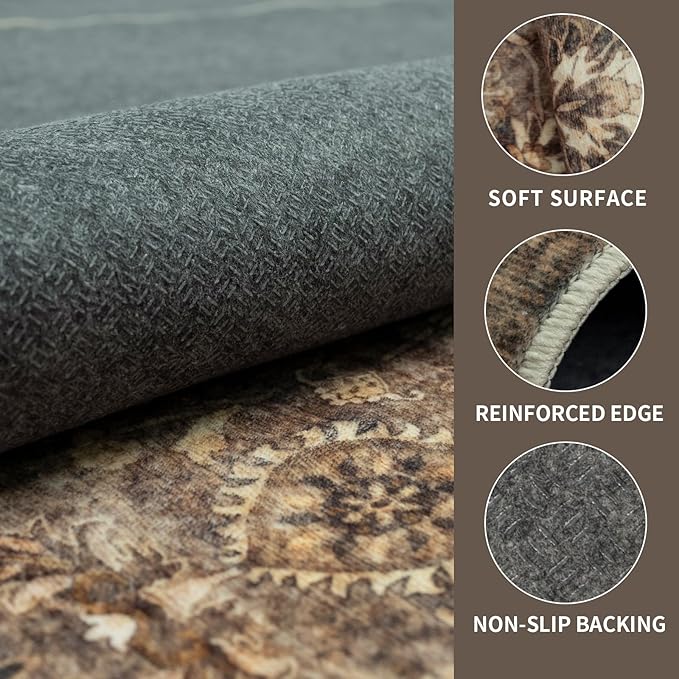 5x7 Vintage Washable Area Rug for Living Room,Low Pile Non Slip Carpet Non-Shedding Area Rug Soft Indoor Stain Resistant Rug Floral Print Mat for Bedroom Dining Room Brown Floral