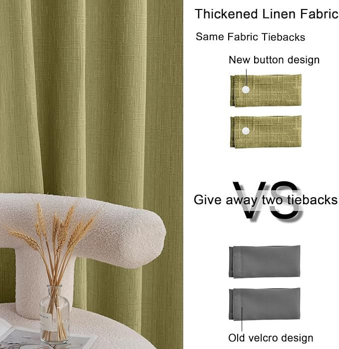 Jacquard Linen Curtains 84 inch Length 2 Panels Thick Faux Linen Blended Window Drapes Burlap Textured Curtains with Grommet for Living Room Bedroom Farmhouse (52x84 Olive Green) Natural
