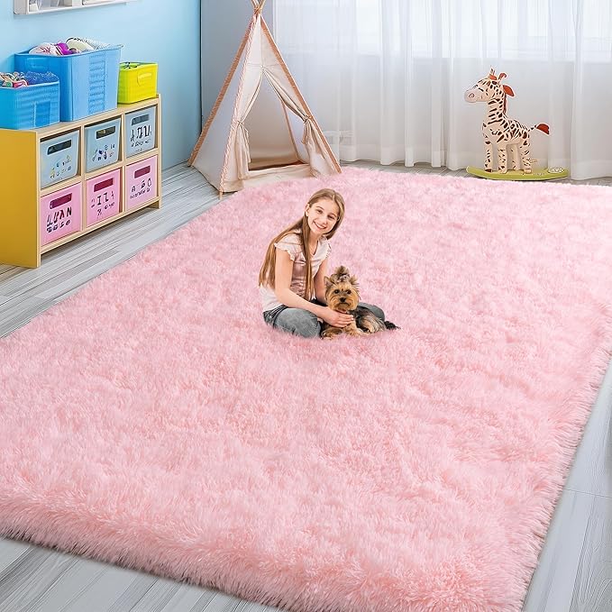 Fluffy Pink Rug for Bedroom Girls, 5x7 Soft Fuzzy Plush Shag Area Rug for Living Room, Cute Comfy Throw Rug for Kids, Non-Slip Indoor Shaggy Floor Carpet for Nursery Teen Dorms Home Decor Aesthetic