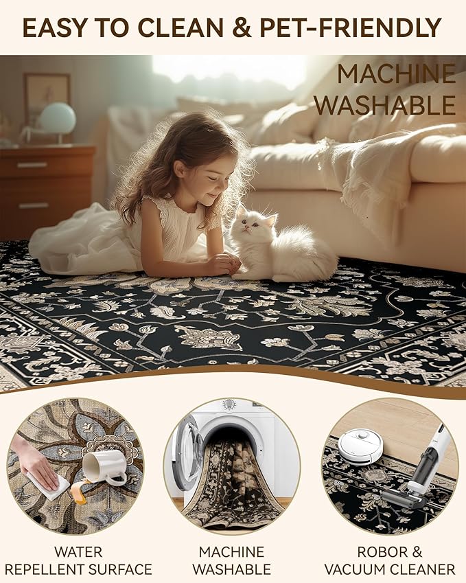 Area Rugs 6'x9' Washable Non-Slip, Floral Vintage Distress Print Pattern Medallion Carpet for Living Room Bedroom Dining Room, Black Brown Neutral Dark Tan