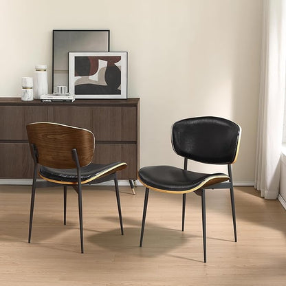 Art Leon Faux Leather Dining Chairs, Set of 2, Mid Century Modern Desk Chair No Wheels, Armless Accent Chair with Black Metal Legs, Black/Walnut