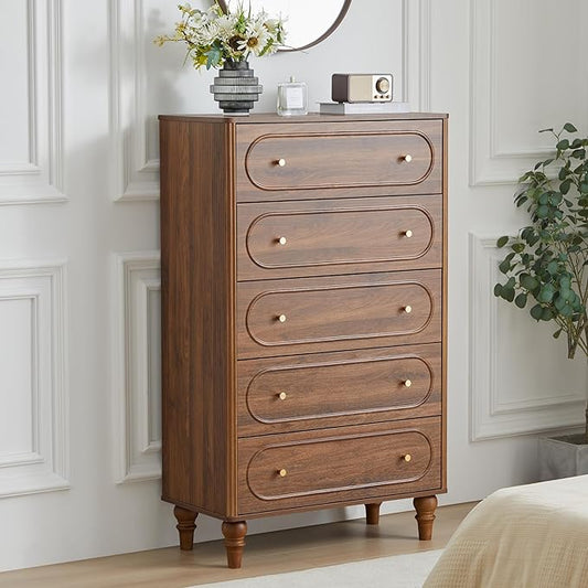 5 Drawer Fluted Dresser for Bedroom, Mid Century Modern Chest of Drawers, Wood Storage Large Dresser Organizer for Bedroom Living Room Hallway Closet, Walnut