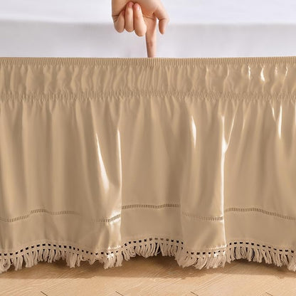 MIYE Wrap Around Ruffled Lace Bed Skirt, Elastic Dust Ruffle with Adjustable Belts, Easy to Put On, Bed Frame Cover, Machine Washable (Tassel Ruffle/Beige, King/Queen-15 Drop)