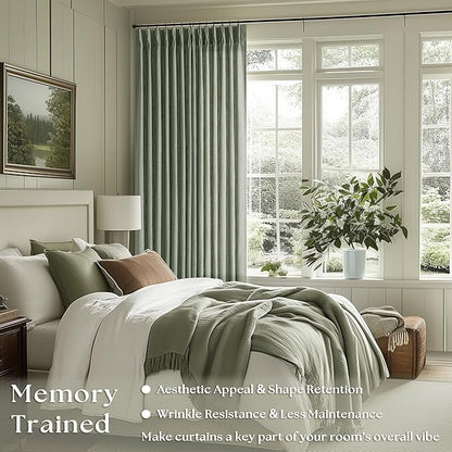 Sage Green Pinch Pleated Linen Curtains 80 Inches Long for Living Room Bedroom Light Filtering Boho Window Drape 80 inch 2 Panels with Hooks Rings Sliding Glass Door Semi Sheer Curtain Light Green