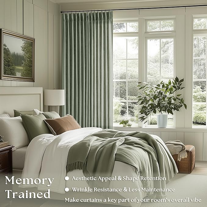 Green Linen Semi Sheer Curtains 90 Inches Long for Living Room Bedroom Light Filtering Sage Green Textured Burlap Pinch Pleated Curtains 90 Length Hooks Rings Back Tab for Sliding Door 2 Panels
