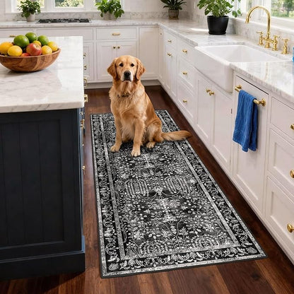 3x6 Runner Rugs for Hallways: Kitchen Runner Non Slip Washable Rug with Rubber Backing Stain Resistant Carpet Low Pile Floral Rugs for Bedroom Bathroom Laundry Living Room Black White 3x6