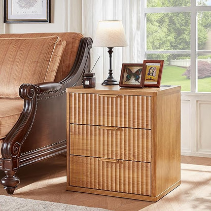 LEYAOYAO 48" Wide Fluted Dresser and 23" Nightstand Set of 2, Wooden Dresser & Night Stand with Charging Station, 3 Piece Bedroom Furniture Set, Chest of Drawer for Living Room,Brown