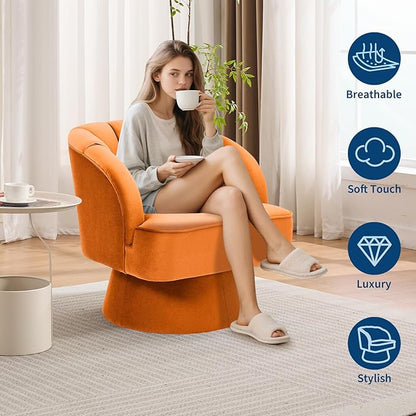 GarveeHome Modern Swivel Barrel Accent Chair, 360° Velvet Upholstered Armchair with Striped Backrest & Plush Padding, Comfy Round Lounge Chair (1, Orange + Velvet)