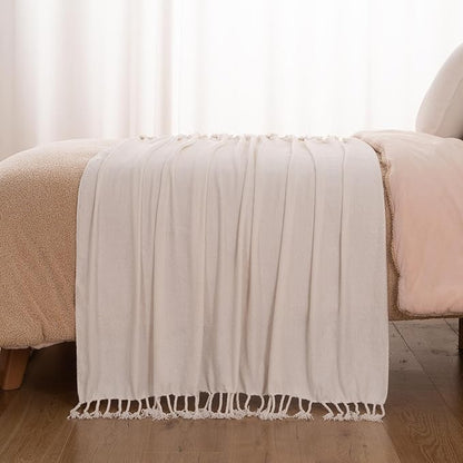 BATTILO HOME Off White Throw Blanket for Couch, Bed, Sofa - Soft Cozy Cream Chenille Throw with Fringe Tassels, Lightweight Farmhouse Knit Throw for Home Decor, 50"x60"