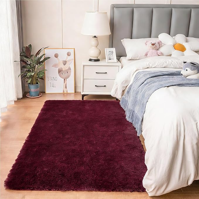 duduta Burgundy Plush Area Rugs for Bedroom 5x8 ft, Fluffy Carpet for Living Room Kids Room, Large Shag Dorm Rug, Washable Non Slip