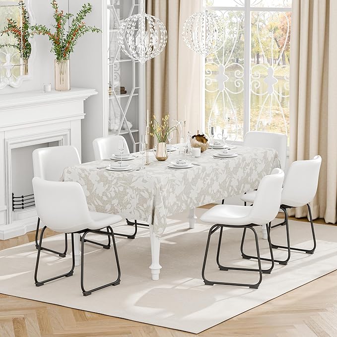 Dining Chairs Set of 2, 18 Inch Kitchen Chairs with Back, Faux Leather Armless Dining Room Chairs with Metal Legs for Home, Bistro Coffee Shops (White)