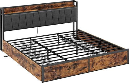 LIKIMIO California King Bed Frame with 4 Storage Drawers, Platform Bed with Charged Headboard, Sturdy and Stable, No Noise, No Box Spring Needed, Easy to Install, Vintage Brown and Gray