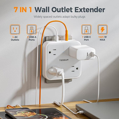 Multi Plug Outlet Extender, TESSAN Surge Protector Splitter with 3 USB (1 USB C Port) Wall Charger, Multiple Expander for Travel, Home, College Dorm Room