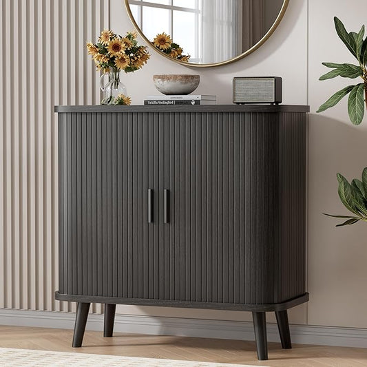 Buffet Cabinet with Storage, Curved-Edge Fluted Storage Cabinet Sideboard, Modern Black Sideboard Buffet with Adjustable Shelves & Sliding Door for Dining Room, Kitchen, Entryway