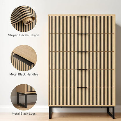 5 Drawers Dresser, 49.2’’ Tall Modern Chest of Drawers for Bedroom, Large Closet Dressers with Drawers, Wooden Drawer Dresser for Bedroom, Living Room, Hallway