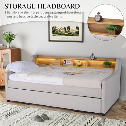 Twin Size Daybed with Pop Up Trundle Bed, Linen Fabric Upholstered Day Bed Frame with w/LED/USB/Type C/Storage Headboard, Twin to King Daybed for Living Room Bedroom, No Box Spring Needed, Beige