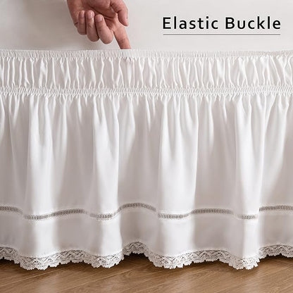 MIYE Wrap Around Ruffled Lace Bed Skirt, Elastic Dust Ruffle with Adjustable Belts,15 Inch Drop Easy to Put On, Bed Frame Cover, Machine Washable (Floral Lace, King/Queen-15)