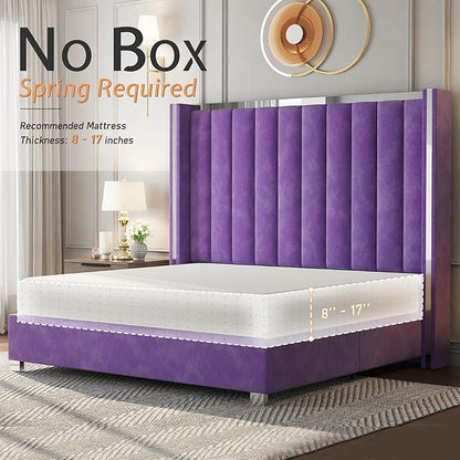 Jocisland King Size Bed Frame with 58" Tall Headboard, Velvet Upholstered Platform Bed with Channel Tufted Wingback Headboard and Plating Trim, No Box Spring Needed, Purple