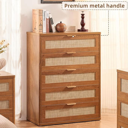 LEYAOYAO Rattan Dresser and Nightstand Set of 3, Boho Wood Dresser for Bedroom with 6 Drawers and Night Stand with Charging Station, Bedroom Furniture, Dressers & Chests of Drawers,Hallway,Living Room