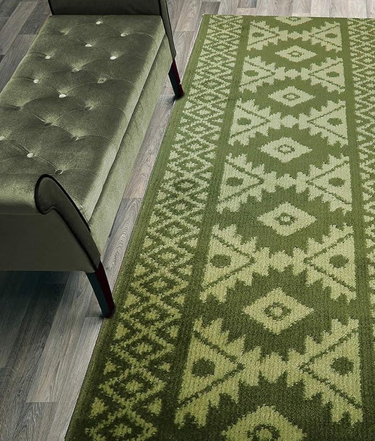 Custom Length Hallway Runner Rug,Slip Resistant,Southwestern Green, 26 Inch X 20 feet, Sold and Priced Per Foot