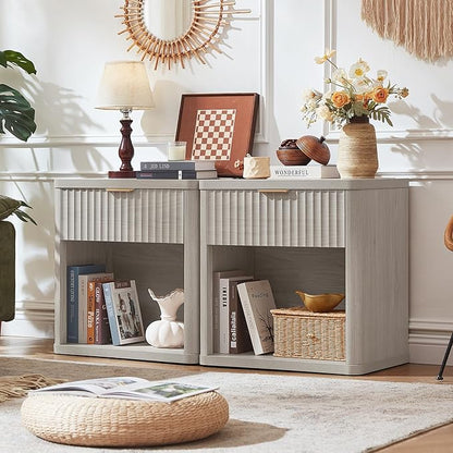 LEYAOYAO 23" Wide Fluted Night Stand with Charging Station, 1 Drawers Large End Table with Storage, LightGrey Nightstand Wood Bedside Tables, Farmhouse Cabinet Dresser for Bedroom, Closet
